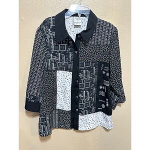 Allison Daley Black‎ White Abstract Print Button Down 3/4 Sleeve Top